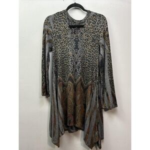 Emma Rose Tunic Top Womens Large Gray Leopard Paisley Print Handkerchief Hem USA